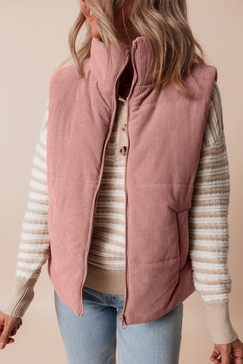 Corduroy Stand-Collar Zip-Front Quilted Puffer Vest